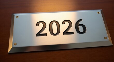 Exciting 2026 year countdown on sleek metal plate, a hopeful look towards the future events and milestones, great for presentations and promotions