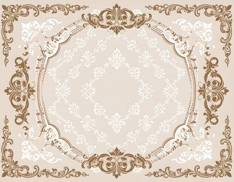 Ornate, symmetrical, vector frame with scrolling foliage patterns; soft beige backdrop