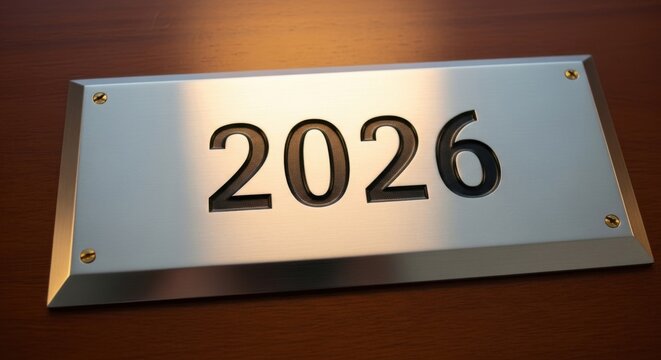Exciting 2026 year countdown on sleek metal plate, a hopeful look towards the future events and milestones, great for presentations and promotions