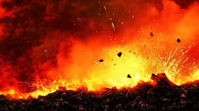 capitulating. Volcanic eruption launching rocks into a dark red sky, dramatic natural scene. travel magazines, destination branding, designed for travel destination branding, used by store managers.