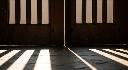 Sunlit doorway creating symmetrical patterns of light and shadow detail