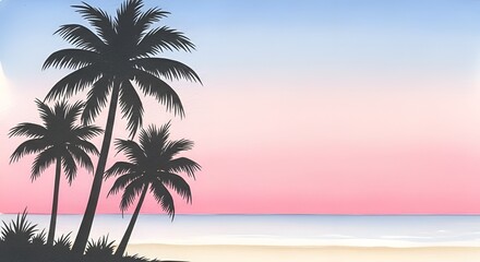 Serene tropical beach sunset silhouette with palm trees and calm ocean view