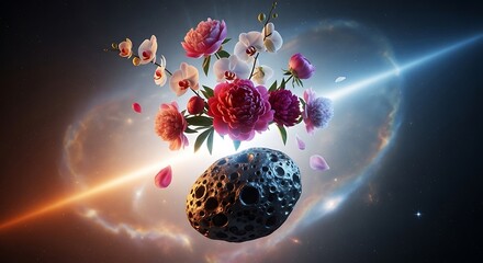 Cosmic flora and celestial body, a dreamy juxtaposition in space design