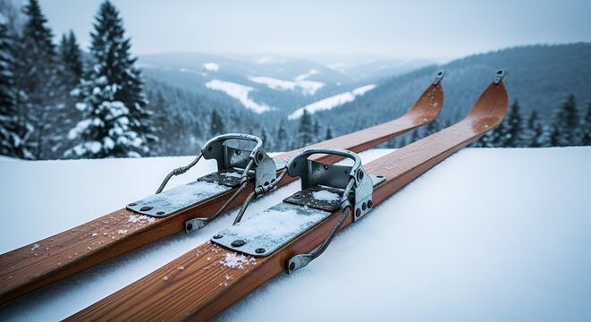 Vintage wooden skis resting on snow with a stunning winter mountain backdrop
