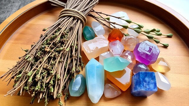 Holistic Healing: A wooden tray features a bundle of dried herbs and an assortment of colorful crystal points, exuding a sense of wellness and holistic healing.