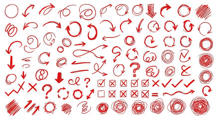 Hand drawn red arrows and symbols on white background for emphasis