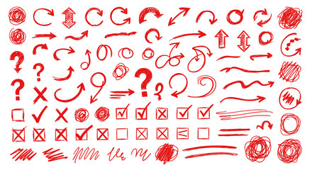 Hand drawn red arrows check marks and symbols on white background