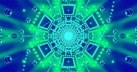 A seamless looping display creates a mesmerizing tunnel of vivid green and blue hues, with animated geometric shapes providing an engaging backdrop suitable for screensavers and visual art.