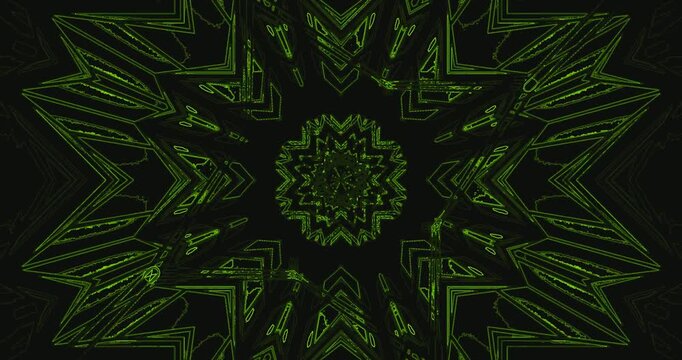 This seamless looping tunnel video provides a vibrant green geometric pattern that shifts and rotates, creating an engaging visual display perfect for relaxation or background ambiance.