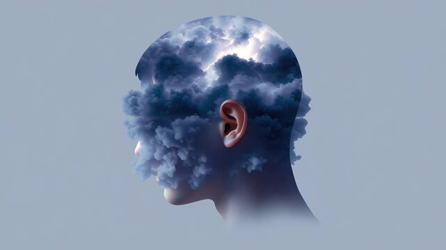 An image of chaotic thoughts and inner turmoil inside the head, symbolizing a loser mindset and emotional vulnerability. A losing attitude and mental weakness.