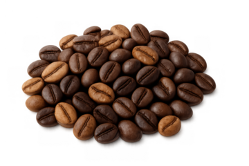 Roasted coffee beans forming a circular pile, with diverse brown colors ready for brewing a fresh, stimulating refreshment