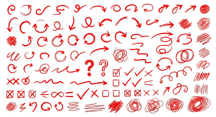 Hand drawn red arrow collection and symbols on white background illustration
