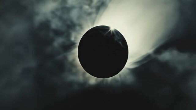 Dramatic total solar eclipse in a dark cloudy sky, mysterious cosmic event with light rays from behind a celestial body