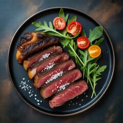 Delicious sliced steak with fresh arugula and tomatoes