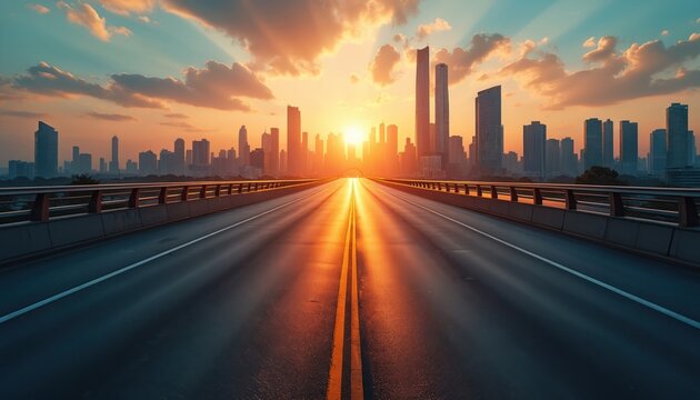 Empty highway leads to cityscape at sunset. Sun shines brightly on road between tall modern skyscrapers. Sky glows with orange, yellow clouds. City skyline expands under warm evening light. Journey