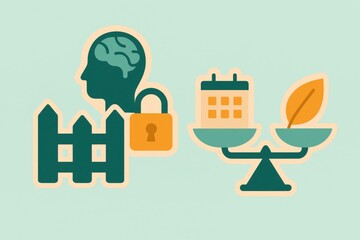Conceptual illustration of mental security with a brain symbol, a locked padlock, a calendar representing time management, and a balance scale depicting environmental responsibility