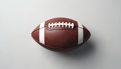 American football on plain background. Brown leather ball with white laces and stripes. Standard sports equipment for team game play. Competition object.