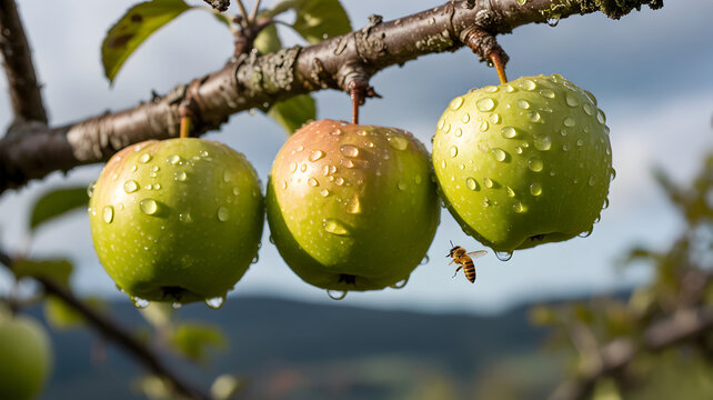 Three green apples with water droplets on a branch with a bee flying nearby