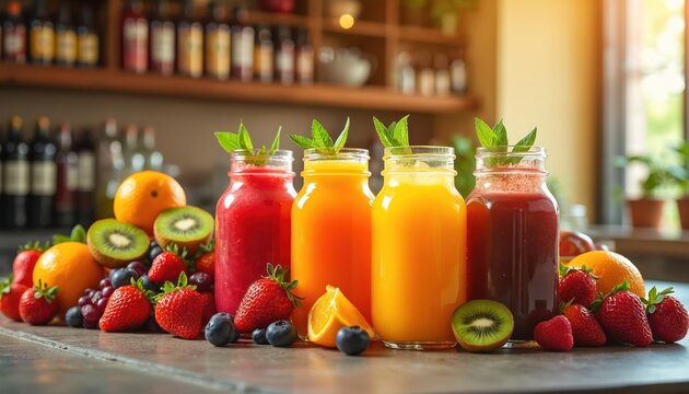 Colorful assortment of freshly made fruit juices in glass jars. Mixed fruits including oranges kiwi strawberries and blueberries sit on the table. Refreshing drinks at bar or cafe.