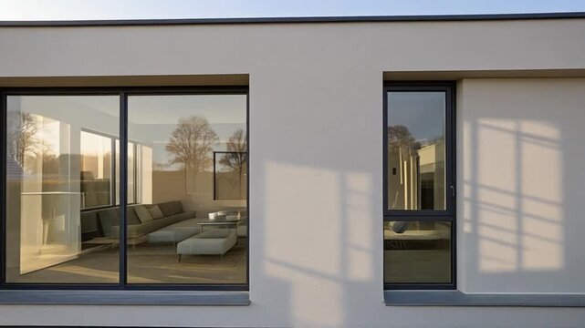 AI- cinematic video showcasing a modern, single-story minimalist house with a flat roof and clean lines. The facade features large floor to ceiling windows revealing a stylish interior 