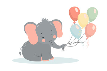 Cute baby elephant with balloons. Adorable cartoon zoo character. Cartoon flat vector illustration