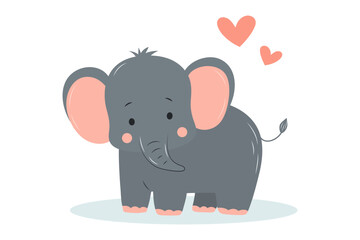 Fototapeta premium Cute baby elephant with hearts. Adorable cartoon zoo character. Cartoon flat vector illustration