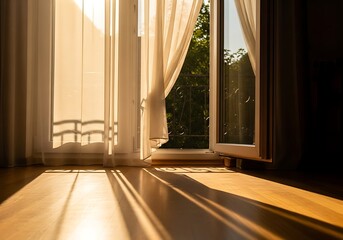 Ethereal light streams through sheer curtains into a tranquil room