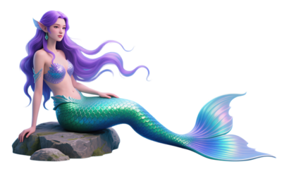 Fantasy mermaid with purple hair and a green tail sitting on rocks