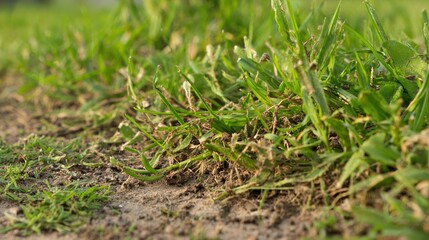 spodumene. Small depression in lawn with scattered soil fragments and textured ground. real-estate listings, architecture portfolios, designed for real-estate listing and luxury residence showcases.