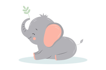 Cute baby elephant playing with twig. Adorable cartoon zoo character. Cartoon flat vector illustration