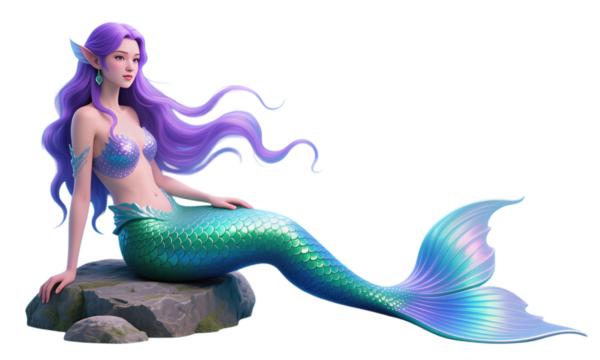 Fantasy mermaid with purple hair and a green tail sitting on rocks