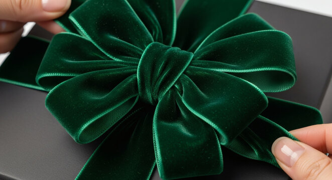 Elegant emerald velvet bow adorns a sleek gift, perfect for luxury branding, holiday promotions, and sophisticated e-commerce designs, adding a touch of festive cheer