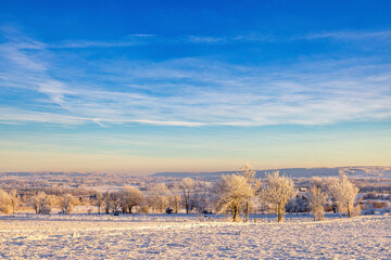 Rural landscape view with a farmstead on a snowy field a cold winter day
