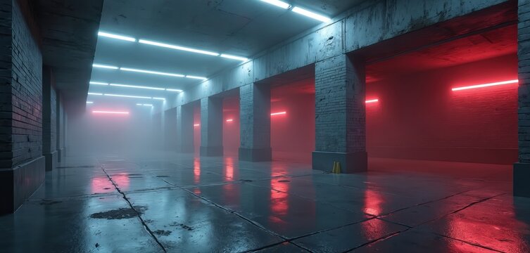 Dark industrial corridor illuminated by neon lights. Red, blue tubes cast eerie shadows on wet concrete floor. Atmospheric, futuristic setting evokes sense of mystery, technology. Ideal for sci-fi