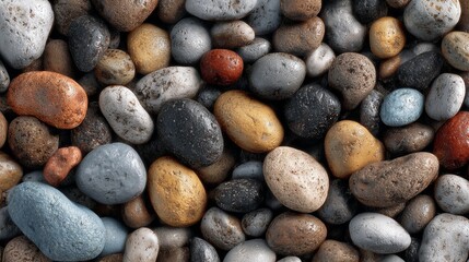 Colorful rounded pebble beach texture with smooth multicolored stones natural coastal background for spa zen design relaxation and nature inspired creative projects