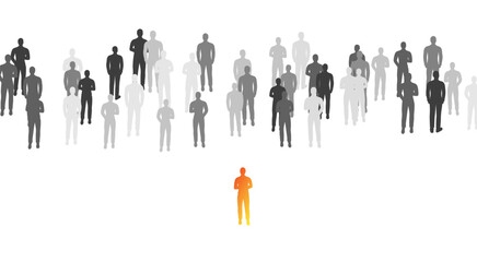 People crowd with colorful leader. Concept of teamwork, stadium, festival, demonstration, party or public protest. Vector illustration from isolated people silhouettes.