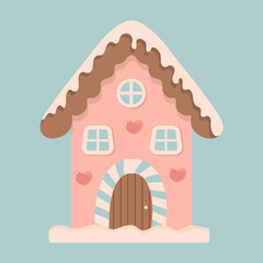 A cute vector illustration of a festive gingerbread house with pink walls, brown roof, a striped door, and pink hearts. Perfect for Christmas, holiday, and sweet treat designs