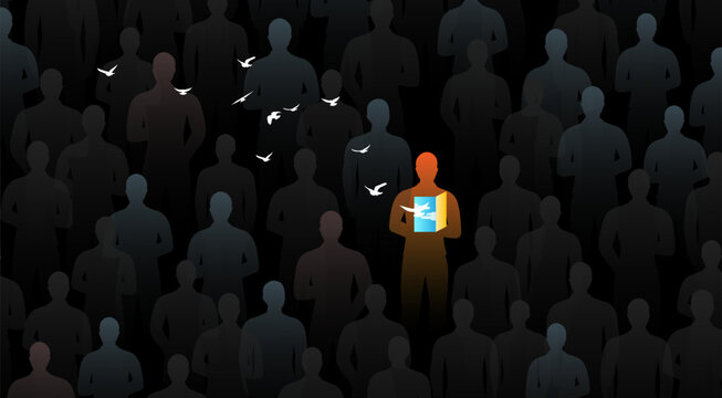 Alone in the crowd. Concept of freedom, loneliness, inspiration, imagination or sorrow. Unique person with flyng birds