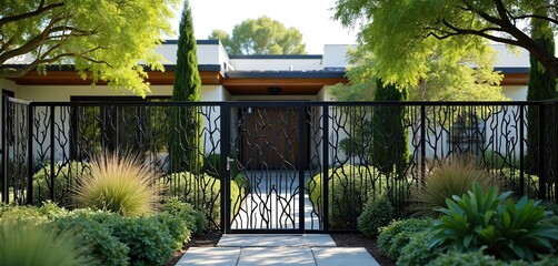 Modern black metal fence with tree branch pattern. Ornate gate and yard landscaping complement contemporary house entrance. Lush greenery surrounds home exterior.