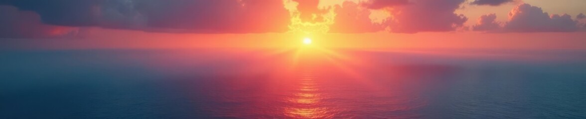 Fototapeta premium First rays of dawn paint the misty ocean with warm hues , sun, stillness