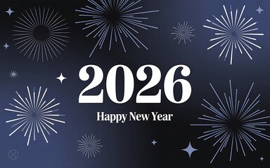 Happy New Year 2026 Celebration with Fireworks on Dark Blue Background