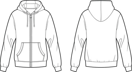 Full zip hoodie technical fashion flat sketch, long sleeve hooded sweatshirt, front and back view, kangaroo pocket, cad drawing flat vector © Khadija Creatives