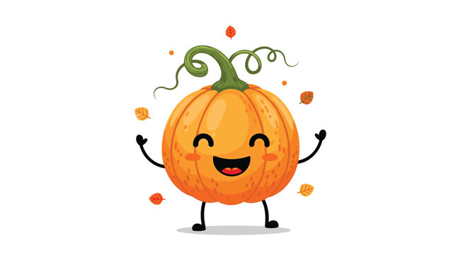 A cheerful and adorable cartoon pumpkin with a big smile and rosy cheeks, celebrating the autumn season surrounded by falling orange leaves, on a white background. - Powered by Adobe