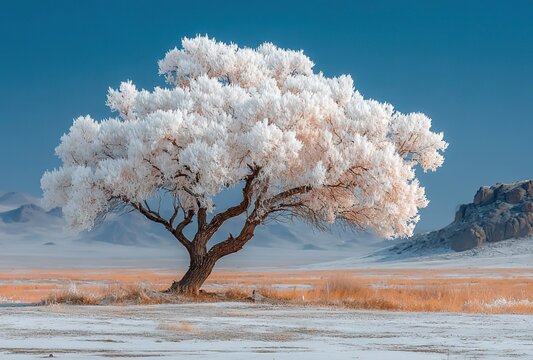 Snow-Covered Tree with Rime Ice Crystals on Northern China Prairie Under Blue Winter Sky
