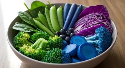 A vibrant arrangement of colorful vegetables in a bowl on rustic surface