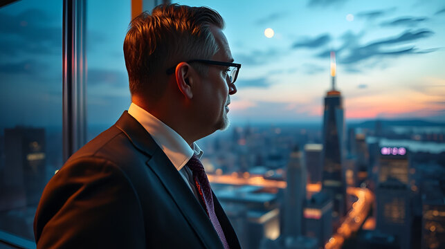 A business tycoon looks over the cityscape at dusk from his executive office