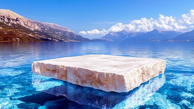 A flat, light-colored stone platform appears to float on the surface of incredibly clear, turquoise water, with distant mountains and fluffy white clouds under