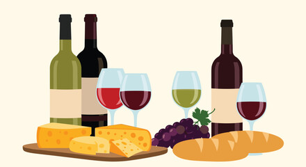 Naklejka premium A rustic spread of red and white wine bottles, glasses filled with wine, assorted cheeses, fresh grapes, and crusty bread, perfect for a European-style picnic or tasting.