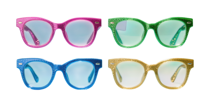 Four pairs of glittery sunglasses in pink green blue and gold