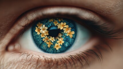 A close-up of an eye with blue iris featuring a vibrant floral design, symbolizing beauty and nature intertwined.